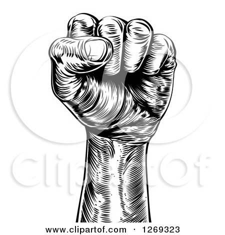 Clipart of a Retro Black and White Engraved Propaganda Fist - Royalty Free Vector Illustration by AtStockIllustration