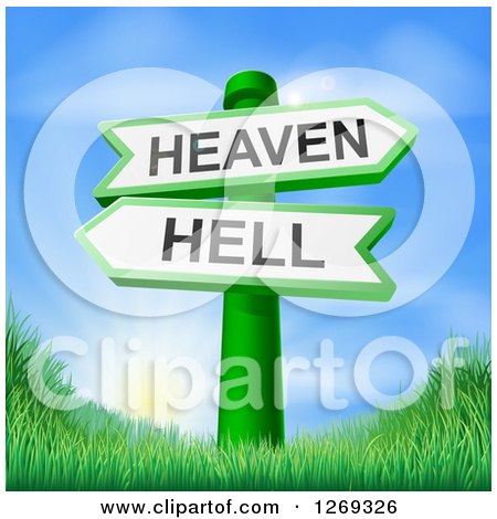 Clipart of 3d Green Heaven or Hell Arrow Signs over Hills and a Sunrise - Royalty Free Vector Illustration by AtStockIllustration