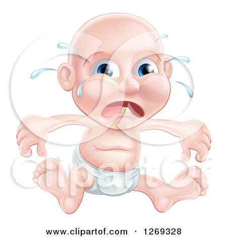 Clipart of a Bald Blue Eyed Caucasian Baby Boy Sitting in a Diaper and Crying While Teething - Royalty Free Vector Illustration by AtStockIllustration