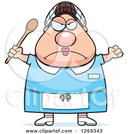 Clipart of a Cartoon Chubby Mad Lunch Caucasian Lady Holding up a Fist and Spoon - Royalty Free Vector Illustration by Cory Thoman
