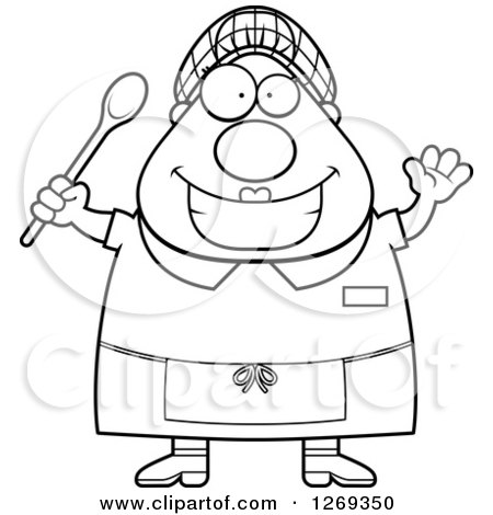 Clipart of a Black and White Cartoon Chubby Happy Lunch Lady Waving and Holding a Spoon - Royalty Free Vector Illustration by Cory Thoman