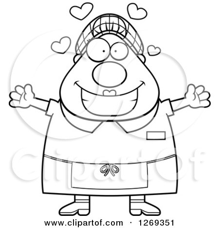 Clipart of a Black and White Cartoon Chubby Loving Lunch Lady Wanting a Hug - Royalty Free Vector Illustration by Cory Thoman