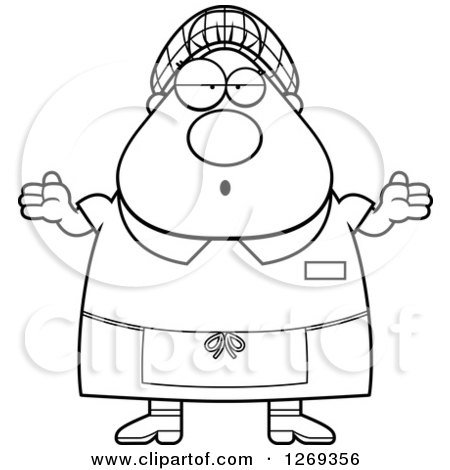 Clipart of a Black and White Cartoon Chubby Careless Shrugging Lunch Lady - Royalty Free Vector Illustration by Cory Thoman