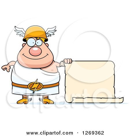 Clipart of a Cartoon Happy Chubby Greek Olympian God Hermes with a Blank Scroll Sign - Royalty Free Vector Illustration by Cory Thoman
