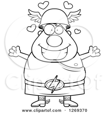 Clipart of a Black and White Cartoon Loving Chubby Greek Olympian God Hermes with Open Arms - Royalty Free Vector Illustration by Cory Thoman