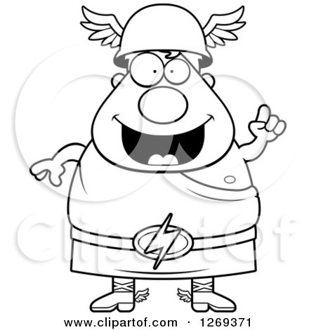 Clipart of a Black and White Cartoon Smart Chubby Greek Olympian God Hermes with an Idea - Royalty Free Vector Illustration by Cory Thoman