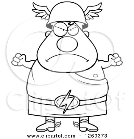 Clipart of a Black and White Cartoon Angry Chubby Greek Olympian God Hermes Waving Fists - Royalty Free Vector Illustration by Cory Thoman
