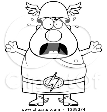 Clipart of a Black and White Cartoon Scared Screaming Chubby Greek Olympian God Hermes - Royalty Free Vector Illustration by Cory Thoman