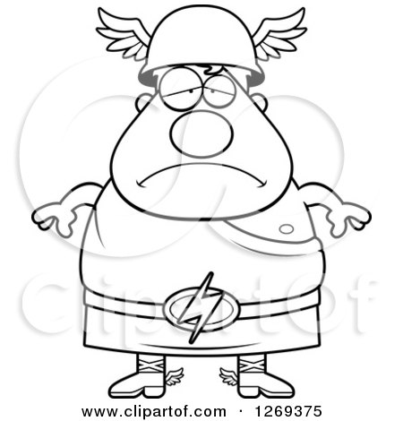 Clipart of a Black and White Cartoon Depressed Chubby Greek Olympian God Hermes - Royalty Free Vector Illustration by Cory Thoman