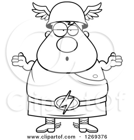 Clipart of a Black and White Cartoon Careless Shrugging Chubby Greek Olympian God Hermes - Royalty Free Vector Illustration by Cory Thoman