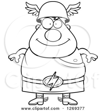 Clipart of a Black and White Cartoon Happy Chubby Greek Olympian God Hermes - Royalty Free Vector Illustration by Cory Thoman