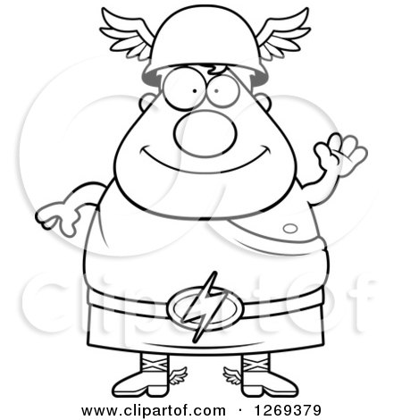 Clipart of a Black and White Cartoon Friendly Waving Chubby Greek Olympian God Hermes - Royalty Free Vector Illustration by Cory Thoman