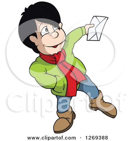 Clipart of a Friendly Boy Holding out an Envelope - Royalty Free Vector Illustration by dero
