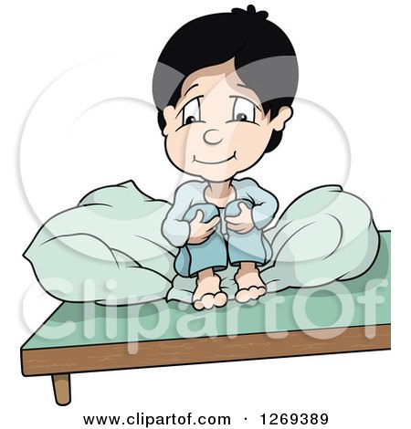 Clipart of a Thoughtful Cartoon Boy Sitting up and Hugging His Knees in Bed - Royalty Free Vector Illustration by dero
