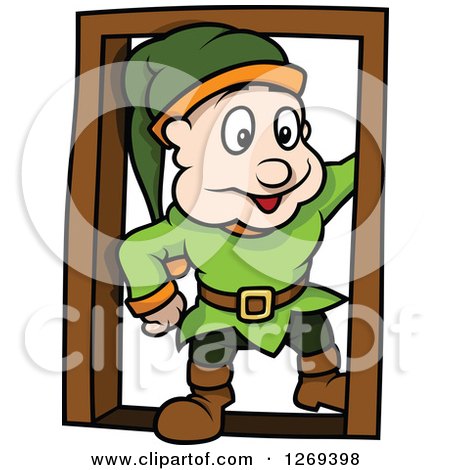 Clipart of a Happy Cartoon Dwarf Man in a Doorway - Royalty Free Vector Illustration by dero