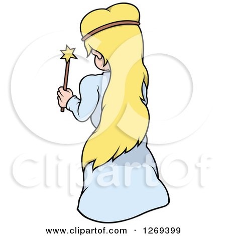 Clipart of a Rear View of a Cartoon Blond White Female Fairy Holding a Magic Wand - Royalty Free Vector Illustration by dero