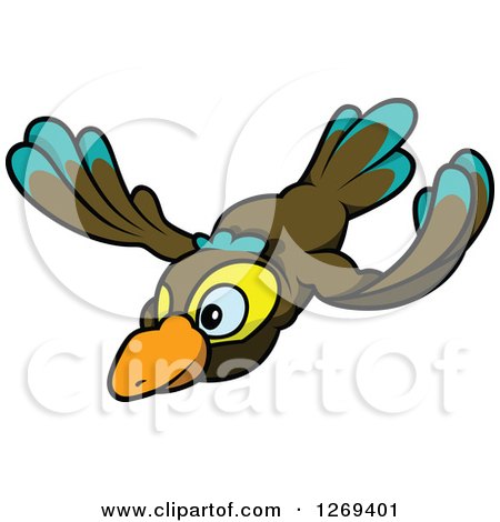 Clipart of a Cartoon Flying Brown Turquoise and Yellow Bird - Royalty Free Vector Illustration by dero