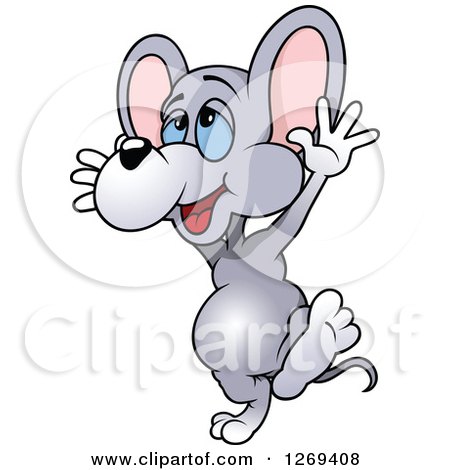 Clipart of a Cartoon Happy Blue Eyed Gray Mouse Holding His Arms up and Walking - Royalty Free Vector Illustration by dero