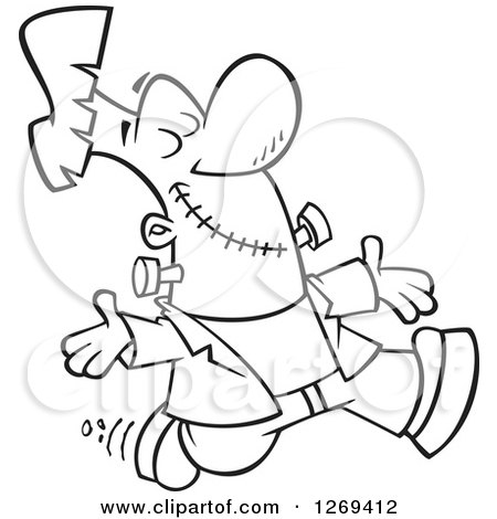 Clipart of a Black and White Cartoon Happy Frankenstein Walking with His Arms Open - Royalty Free Vector Line Art Illustration by toonaday