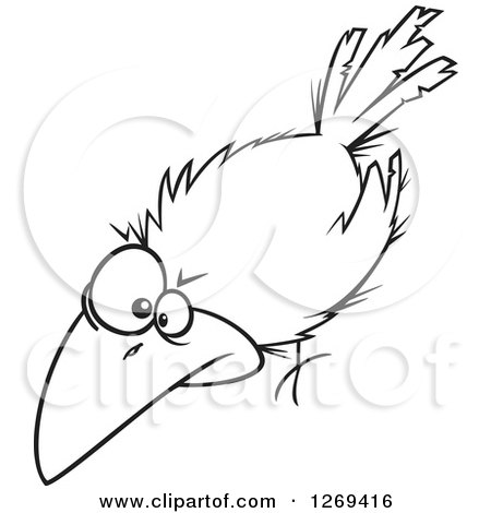 Clipart of a Black and White Cartoon Spooky Halloween Crow - Royalty Free Vector Line Art Illustration by toonaday