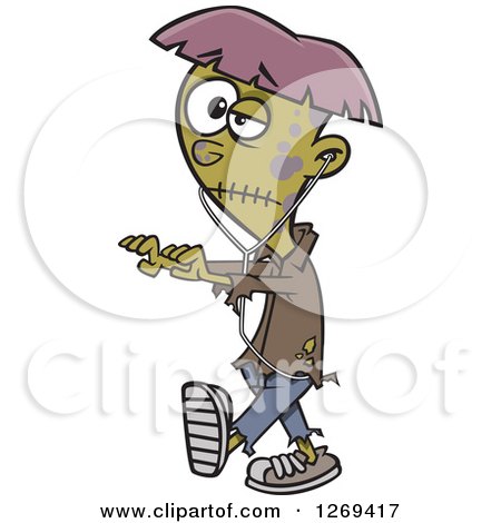 Clipart of a Cartoon Halloween Teen Zombie Boy Walking with Earbuds - Royalty Free Vector Illustration by toonaday