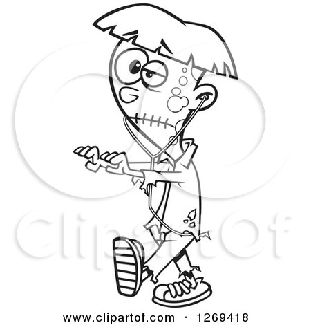 Clipart of a Black and White Cartoon Halloween Teen Zombie Boy Walking with Earbuds - Royalty Free Vector Line Art Illustration by toonaday