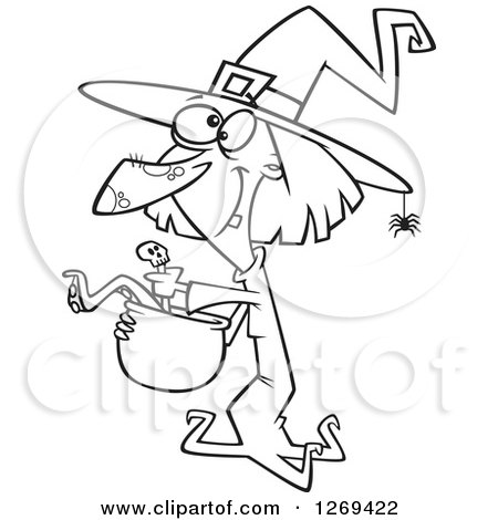 Clipart of a Black and White Cartoon Halloween Witch Making Soup - Royalty Free Vector Line Art Illustration by toonaday
