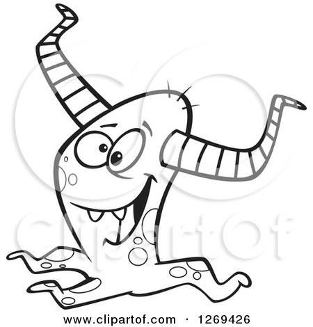 Clipart of a Black and White Cartoon Happy Horned Monster - Royalty Free Vector Line Art Illustration by toonaday