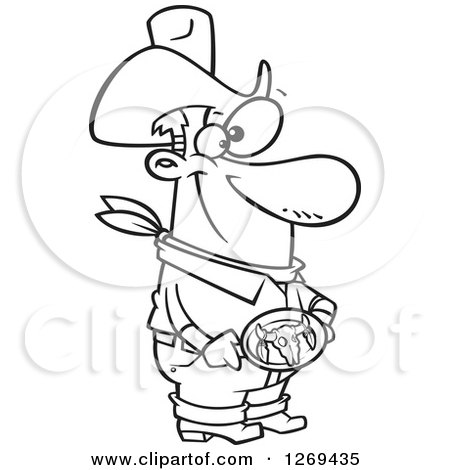 Clipart of a Black and White Cartoon Cowboy Man Showing His Bull Belt Buckle - Royalty Free Vector Line Art Illustration by toonaday