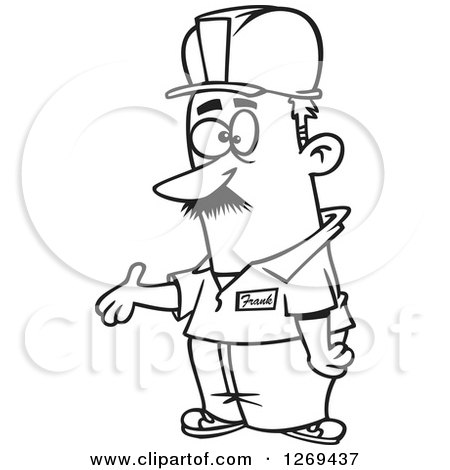 Clipart of a Black and White Cartoon Worker Supervisor Man Presenting - Royalty Free Vector Line Art Illustration by toonaday