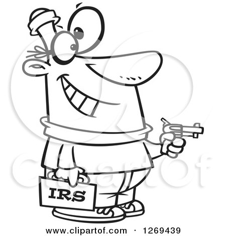 Clipart of a Black and White Cartoon IRS Theft Man Holding a Gun - Royalty Free Vector Line Art Illustration by toonaday