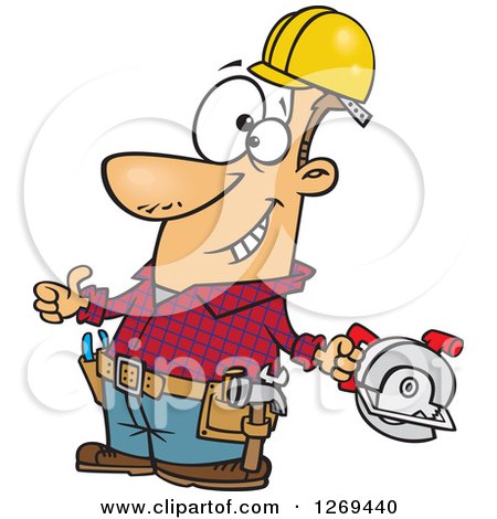 Clipart of a Cartoon Caucasian Handy Man Decked out with Tools and Holding a Thumb up - Royalty Free Vector Illustration by toonaday