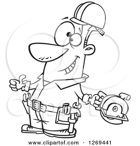 Clipart of a Black and White Cartoon Handy Man Decked out with Tools and Holding a Thumb up - Royalty Free Vector Line Art Illustration by toonaday