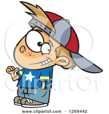 Clipart of a Cartoon Caucasian Boy Wearing an All Star Shirt and Pointing at Himself - Royalty Free Vector Illustration by toonaday