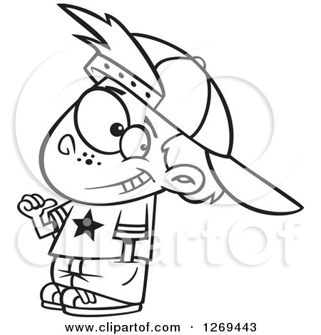 Clipart of a Black and White Cartoon Little Boy Wearing an All Star Shirt and Pointing at Himself - Royalty Free Vector Line Art Illustration by toonaday
