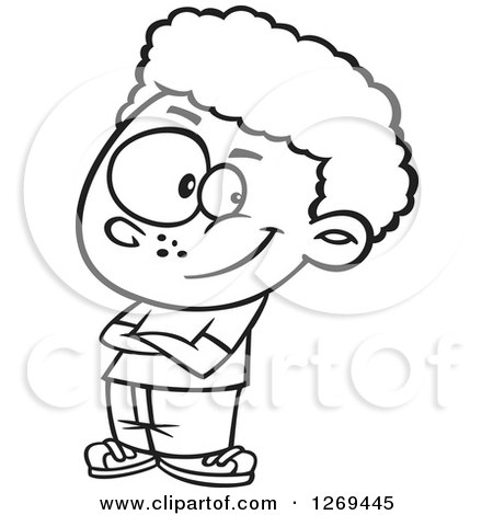 Clipart of a Black and White Cartoon Confident Little Boy with Folded Arms - Royalty Free Vector Line Art Illustration by toonaday