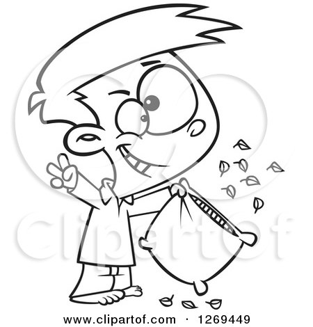 Clipart of a Black and White Cartoon Little Boy Pillow Fight Champion Cheering - Royalty Free Vector Line Art Illustration by toonaday