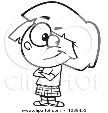 Clipart of a Black and White Cartoon Confident Little Girl with Folded Arms - Royalty Free Vector Line Art Illustration by toonaday