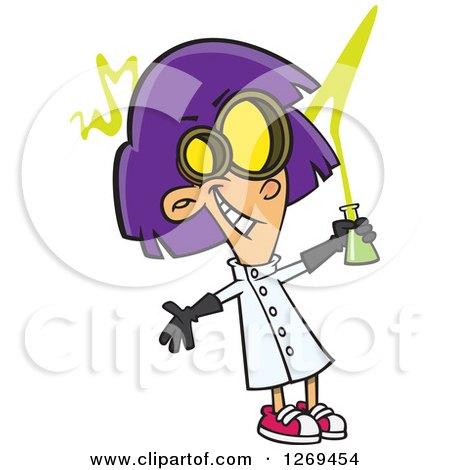 Clipart of a Cartoon Purple Haired Caucasian Mad Scientist Girl Holding up a Flask - Royalty Free Vector Illustration by toonaday