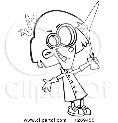 Clipart of a Black and White Cartoon Mad Scientist Girl Holding up a Flask - Royalty Free Vector Line Art Illustration by toonaday