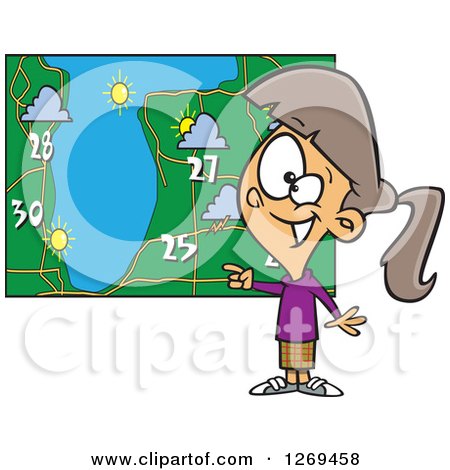 Clipart of a Cartoon Caucasian Weather Girl Discussing by a Map - Royalty Free Vector Illustration by toonaday