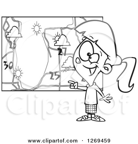 Clipart of a Black and White Cartoon Weather Girl Discussing by a Map - Royalty Free Vector Line Art Illustration by toonaday