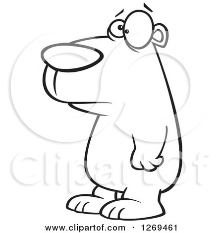 Clipart of a Black and White Cartoon Sad Bear Facing Left - Royalty Free Vector Line Art Illustration by toonaday