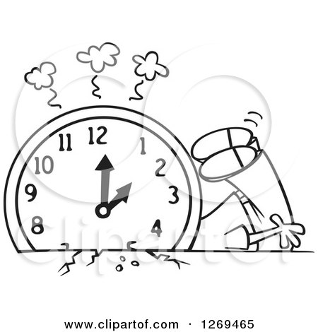 Clipart of a Black and White Cartoon Man Crushed Under a Fall Back Clock - Royalty Free Vector Line Art Illustration by toonaday