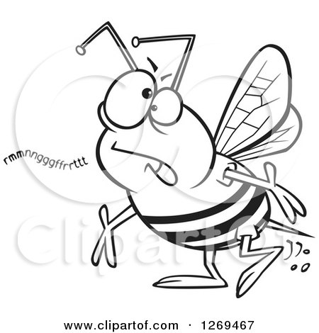 Clipart of a Black and White Cartoon Mumbling Bumble Bee - Royalty Free Vector Line Art Illustration by toonaday