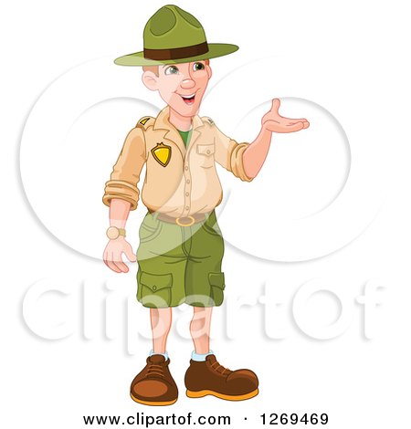 Clipart of a Friendly Caucasian Male Park Ranger Presenting - Royalty Free Vector Illustration by Pushkin