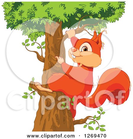Clipart of a Cute Red Squirrel Looking Back and Climbing up a Tree - Royalty Free Vector Illustration by Pushkin