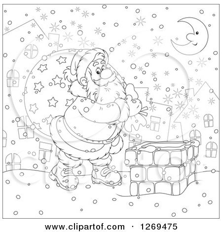Clipart of a Black and White Santa Carrying a Sack and Walking on a Roof on a Snowy Christmas Eve Night - Royalty Free Vector Illustration by Alex Bannykh