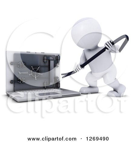 Clipart of a 3d White Man Prying Open a Secure Laptop Safe - Royalty Free Illustration by KJ Pargeter