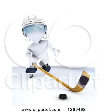 Clipart of a 3d White Man Sliding a Stick at a Hockey Puck - Royalty Free Illustration by KJ Pargeter
